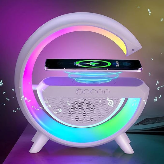 G Shape Rechargeable Multifunctional Bluetooth Speaker With 15W Wireless Charger Cum Color Changing Desk Lamp Bedside Table Lamp Fm Radio With Aux & Wireless Charger-Plastic, Led